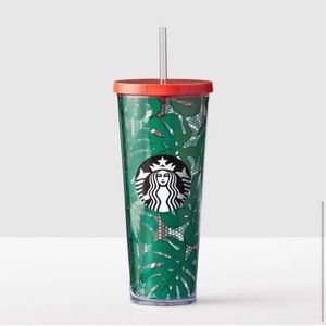 STARBUCKS Green Monstera Palm Leaf Cold Cup with Tangerine Lid - 24 oz